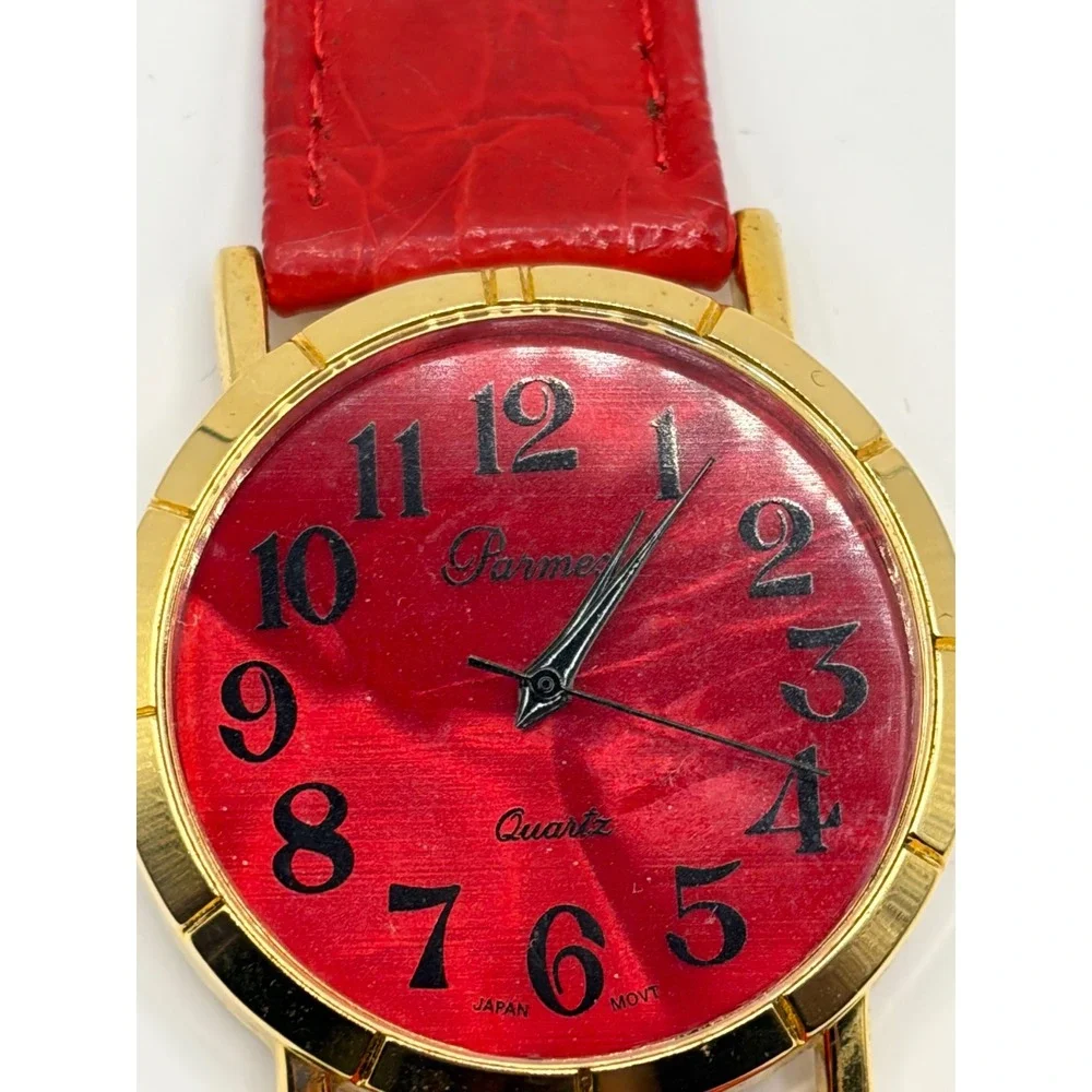 Parmeni Quartz Gold Tone Red Dial Leather Band Women's Watch‎